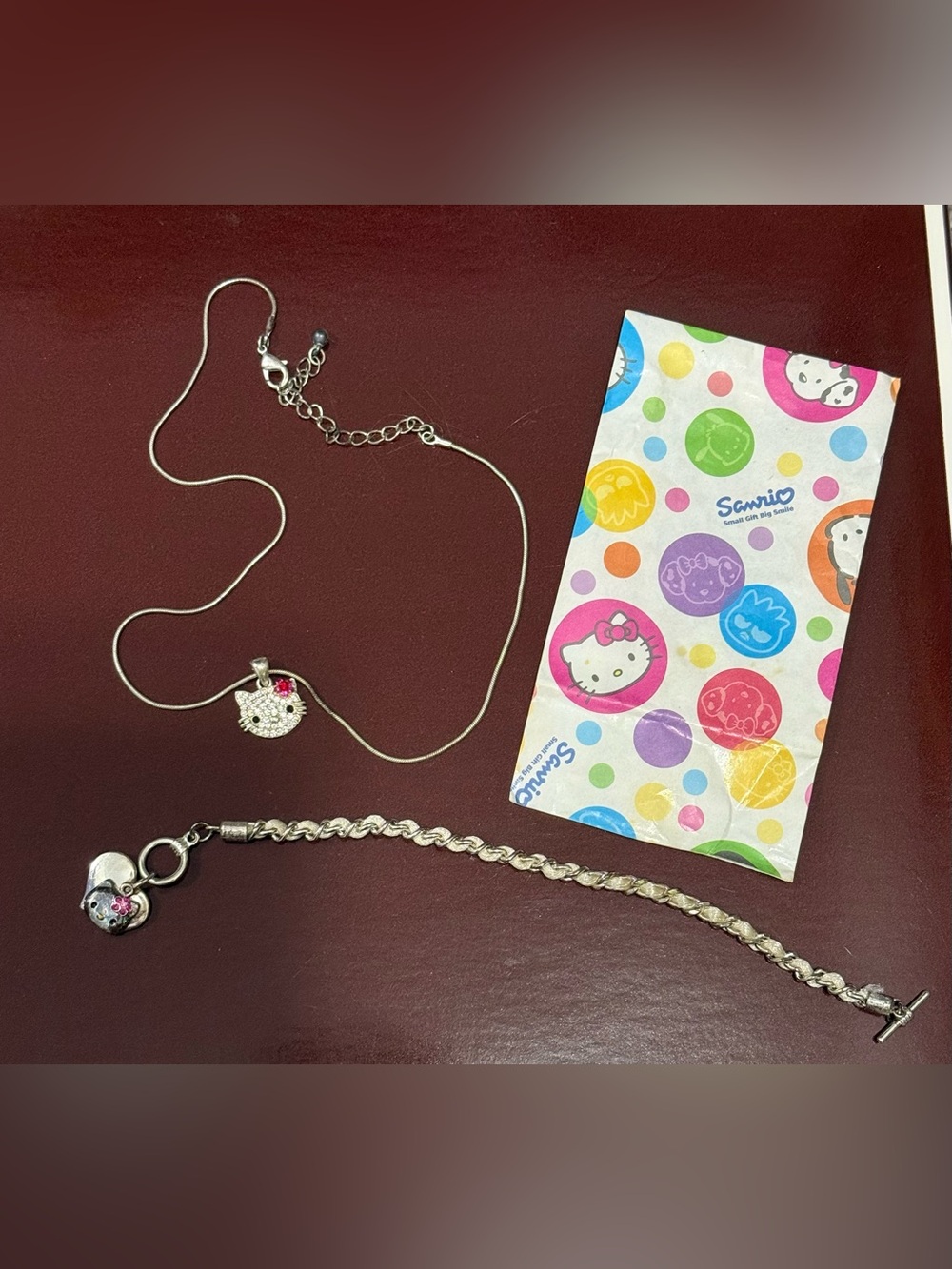 Sanrio Y2K Hello Kitty Crystal Pendant Avon Necklace and Bracelet set in Silver